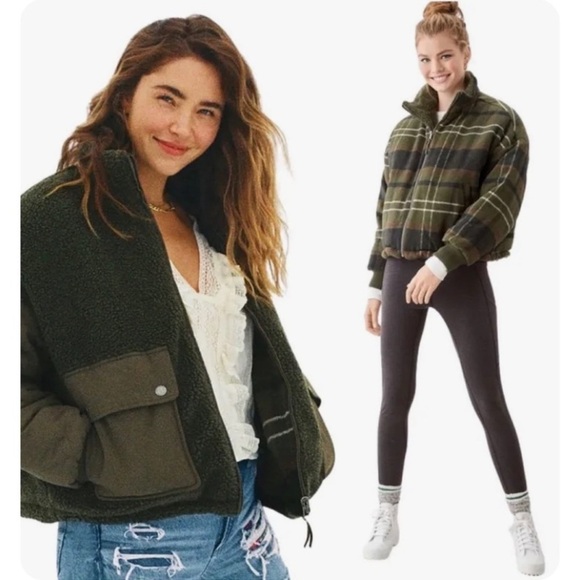American Eagle XXSMALL Reversible Bomber Jacket Green Sherpa 2 Plaid Flannel - Picture 1 of 12